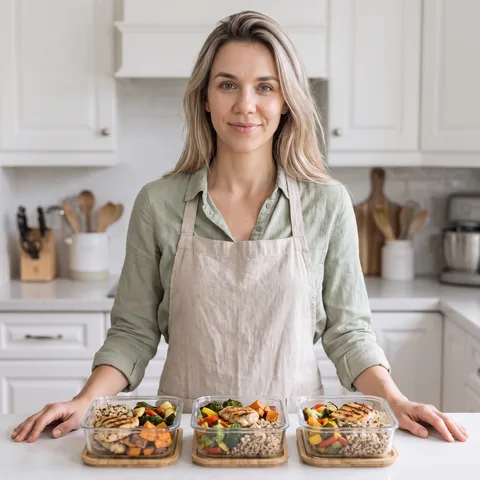 Mia Rose, nutritionniste, avec trois boîtes de repas prêts sur le plan de travail